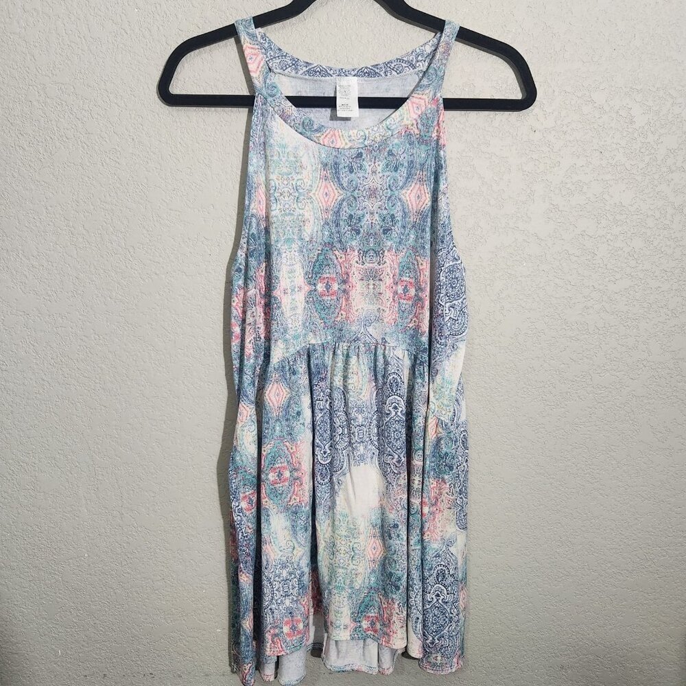 Boho Print Sleeveless Top Womens 1X Blue Pink High Neck USA Milkmaid Babydoll